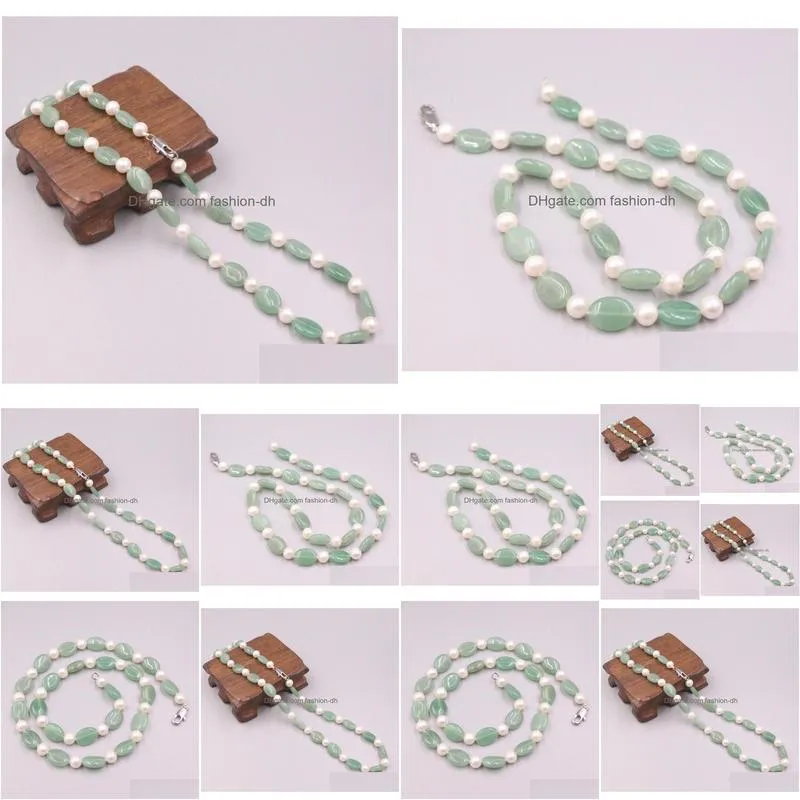 natural green jade 12mm oval flakes 9mm pearl beads link chain necklace for woman man 48cm chains