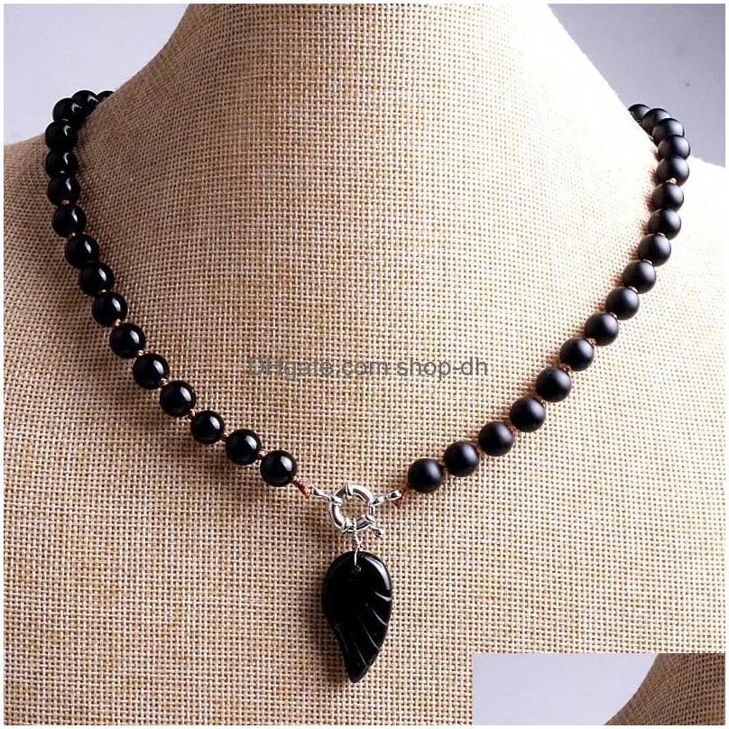 pendant necklaces fashion black 8mm natural stone beads agate wing choker necklacependant