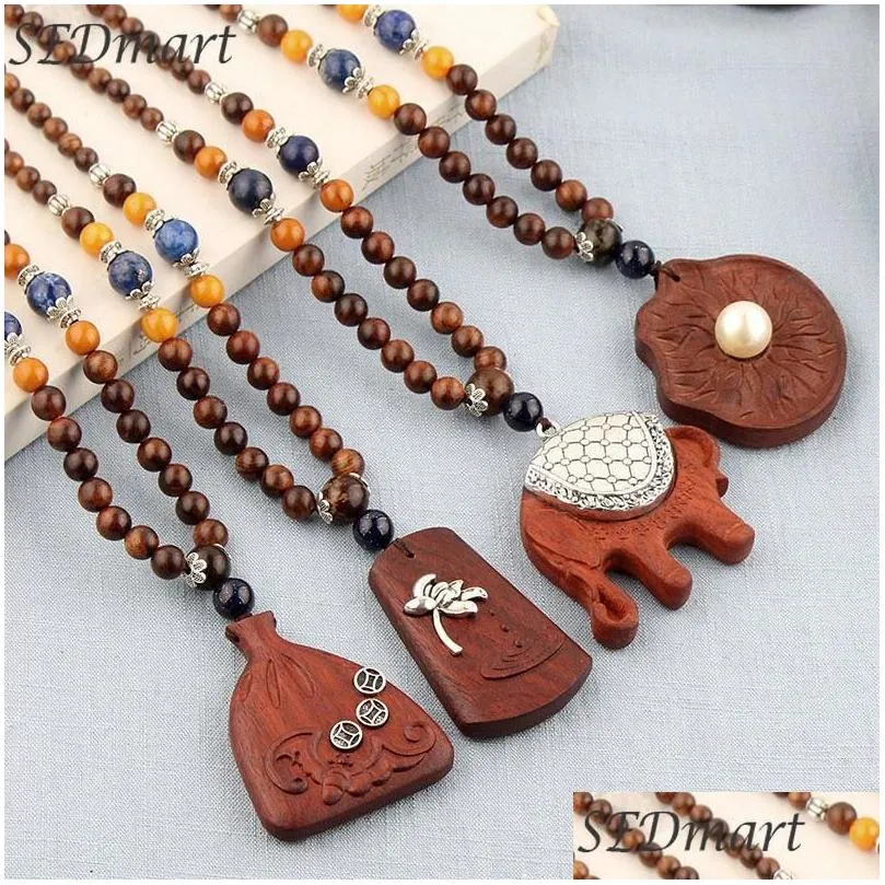 pendant necklaces qilmily retro ethnic purple sandalwood pearl alloy lotus elephant for women girls bead sweater chain gifts