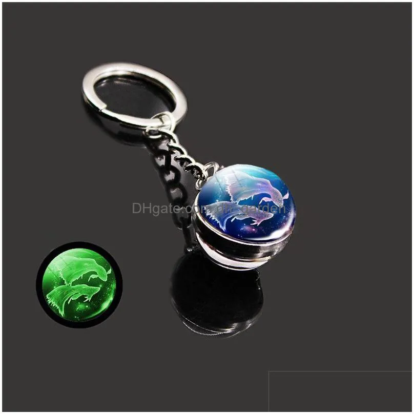 glow in the dark 12 constellation key rings zodiac signs picture double side cabochon glass ball keychain jewelry birthday gifts