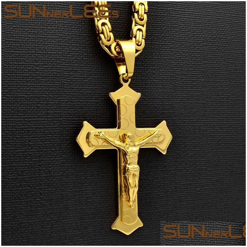 pendant necklaces sunnerlees stainless steel jesus christ cross necklace byzantine link chain silver color gold plated men boy gift