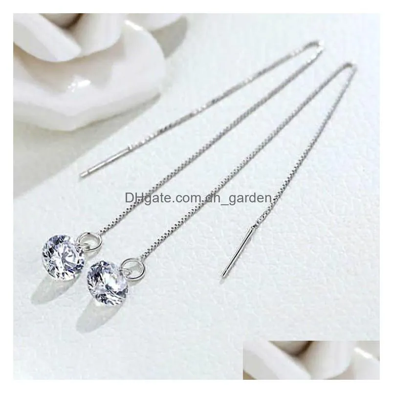 shiny cz cubic zircon tassel earrings crystal sterling silver plated copper long chain earrings