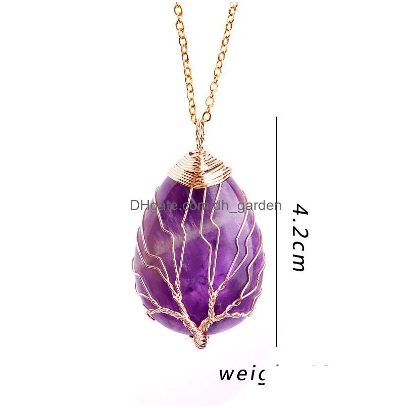 oval natural stone necklace pendant jewelry copper line wrapped tree of life necklaces for women charm jewelry