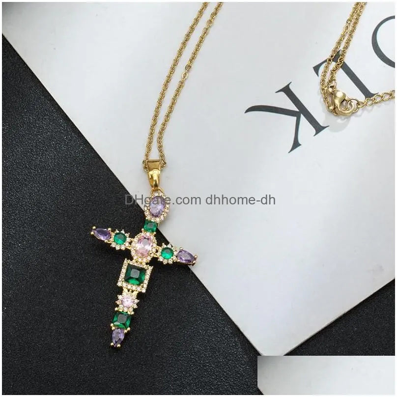 pendant necklaces noble luxury crystal cross necklace for women stainless steel chain charm initial wedding jewelry gift