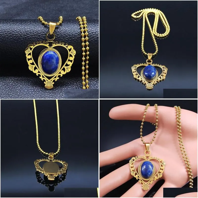 pendant necklaces bohemia blue natural stone stainless steel necklace chain women gold color heart jewelry collar n3604s04pendant