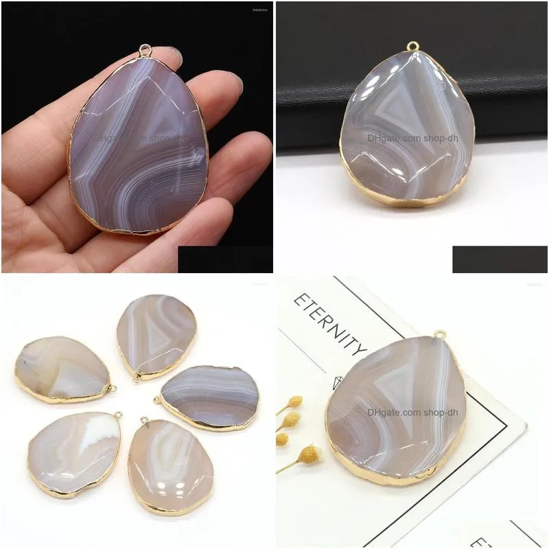 pendant necklaces natural stone oval shape gilt edge grey agate charms for diy bracelets jewelry making accessories size 40x55mm