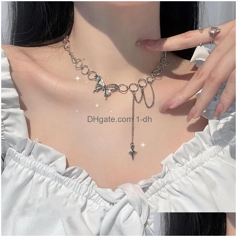 pendant necklaces goth butterfly necklace for women punk womens neck chain aesthetic hip hop choker kpop accessories fashion party
