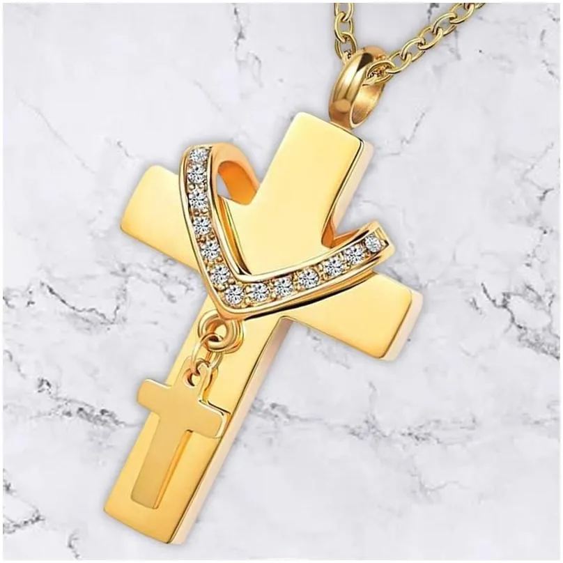 pendant necklaces double cross cremation jewelry steel classic urn ashes necklace for hair birthday thanksgiving anniversaries