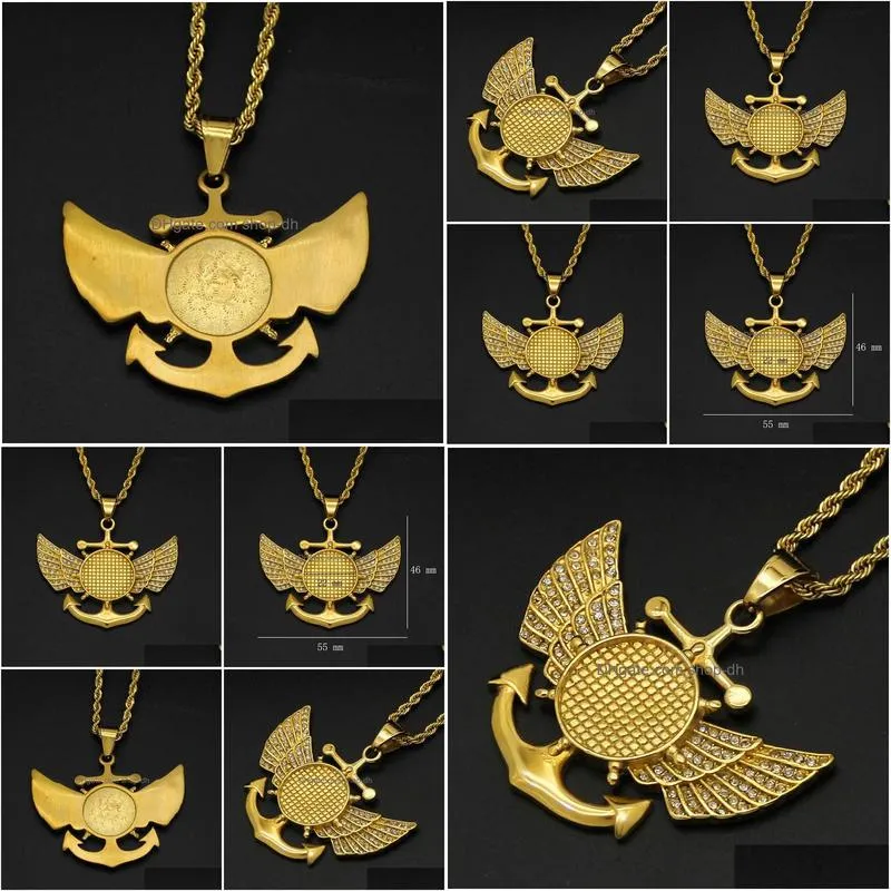 pendant necklaces hip hop rhinestones paved bling iced out solid stainless steel angel wing anchor rudder pendants neckalce for men rapper