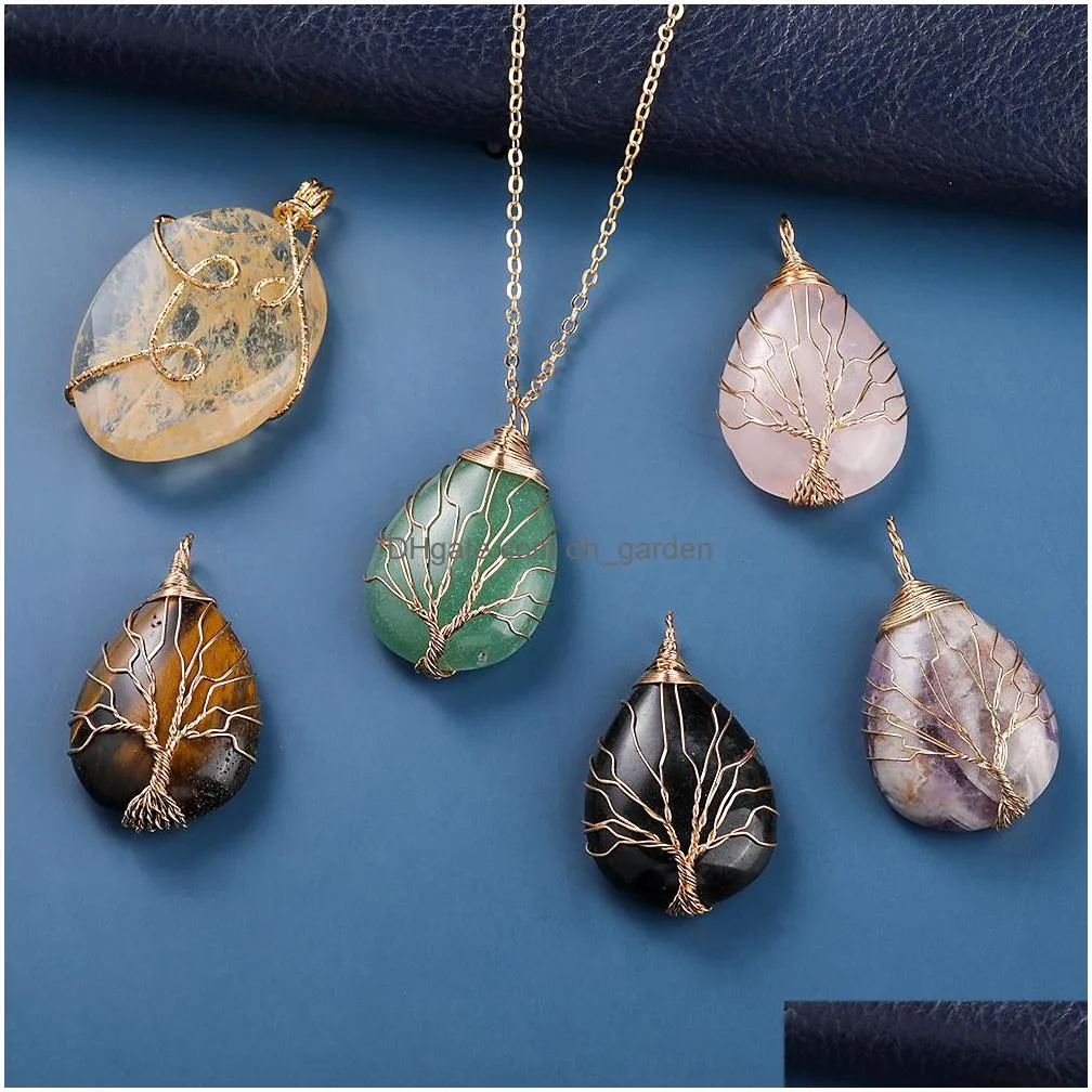 oval natural stone necklace pendant jewelry copper line wrapped tree of life necklaces for women charm jewelry