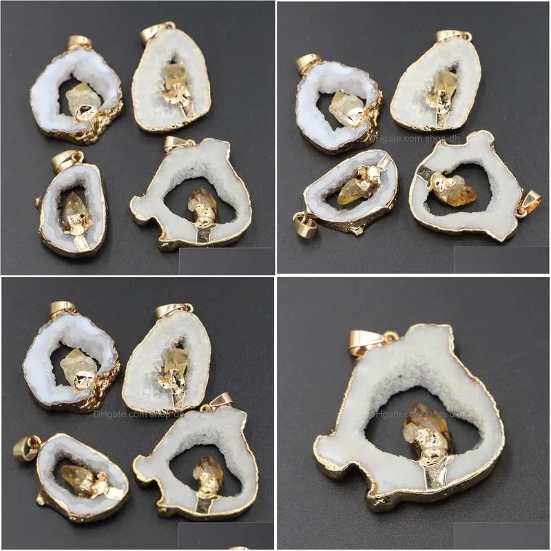 pendant necklaces irregularly shaped stone geodess agates sliced inlaid with natural citrines dots elegant quartz jewelry