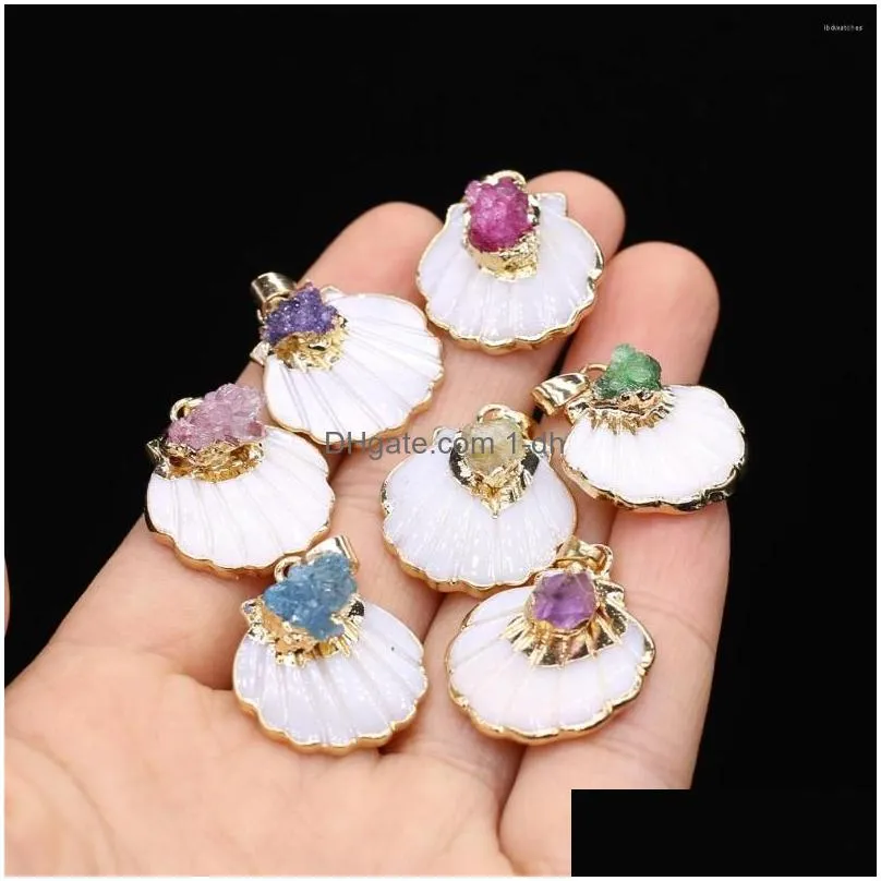 pendant necklaces natural shell pendants fan shape white mother of pearl with crystal stone charms for jewelry making necklace