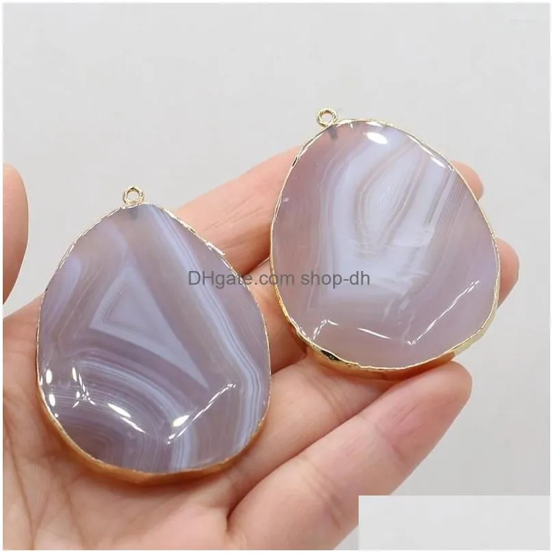 pendant necklaces natural stone oval shape gilt edge grey agate charms for diy bracelets jewelry making accessories size 40x55mm