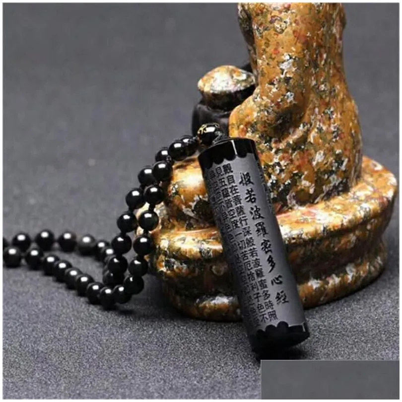 pendant necklaces natural obsidian prajna paramita sutra buddha necklace with lucky beads chain fashion jewelry for men womenpendant