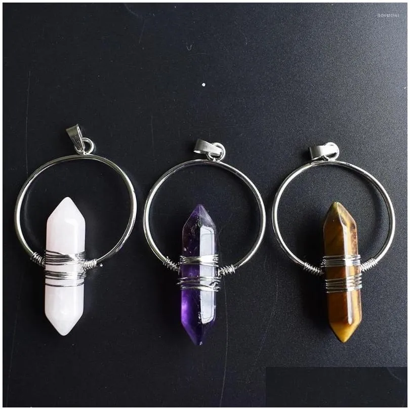 pendant necklaces natural stone healing pointed hexagonal column circle winding wire crystal women yoga jewelry 6pcs