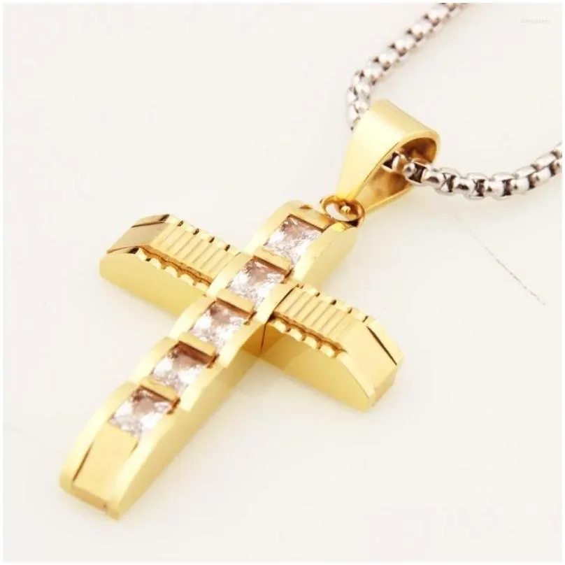 pendant necklaces classic stainless steel silver color gold gold cross design square cz stone mens necklace box chain 24 wholesale