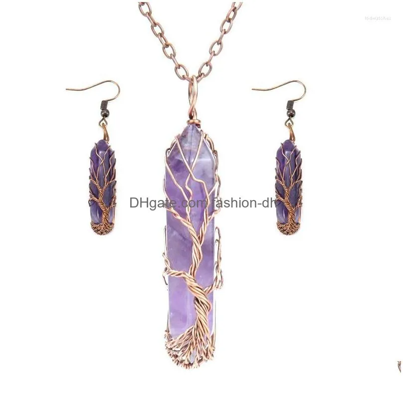 pendant necklaces wholesale 3sets handwound copper wire natural tiger eyes crystal hexagonal tree of life reiki women necklace and