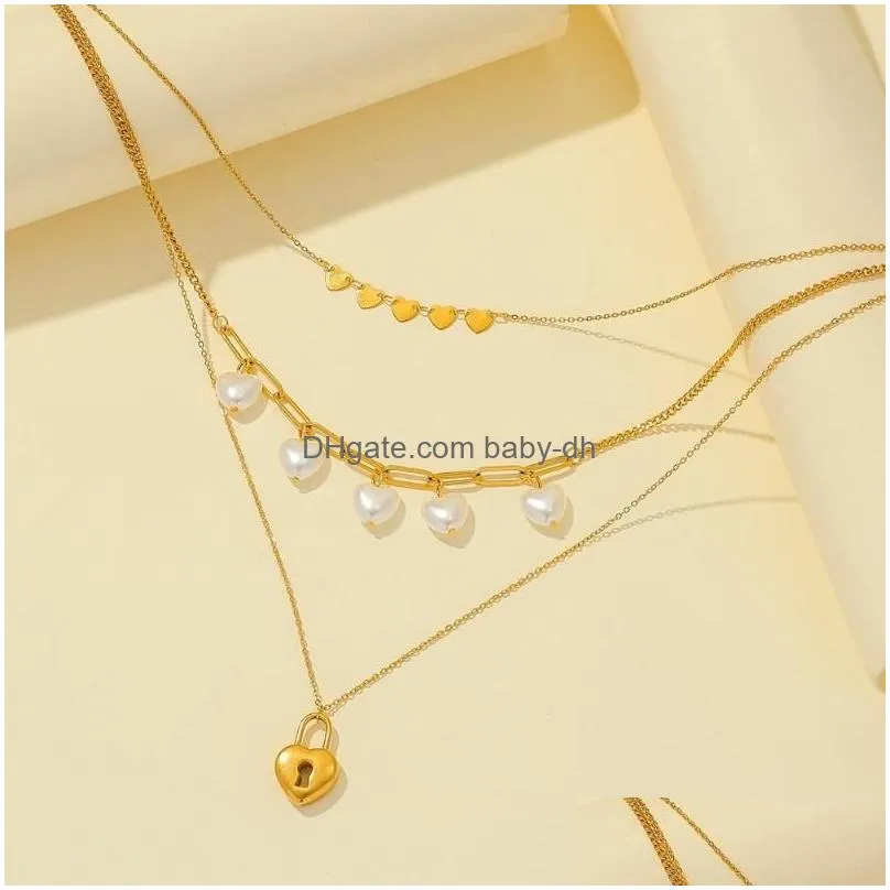 pendant necklaces yunli 2023 fashion ladies necklace threelayer pearl love lock stainless steel simple multilayer clavicle chain