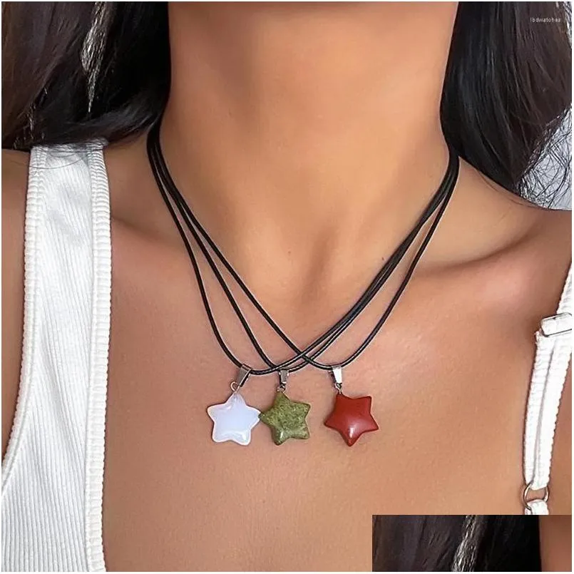 pendant necklaces ingesight.z simple colorful glass big star necklace for women goth black leather wax thread choker party y2k