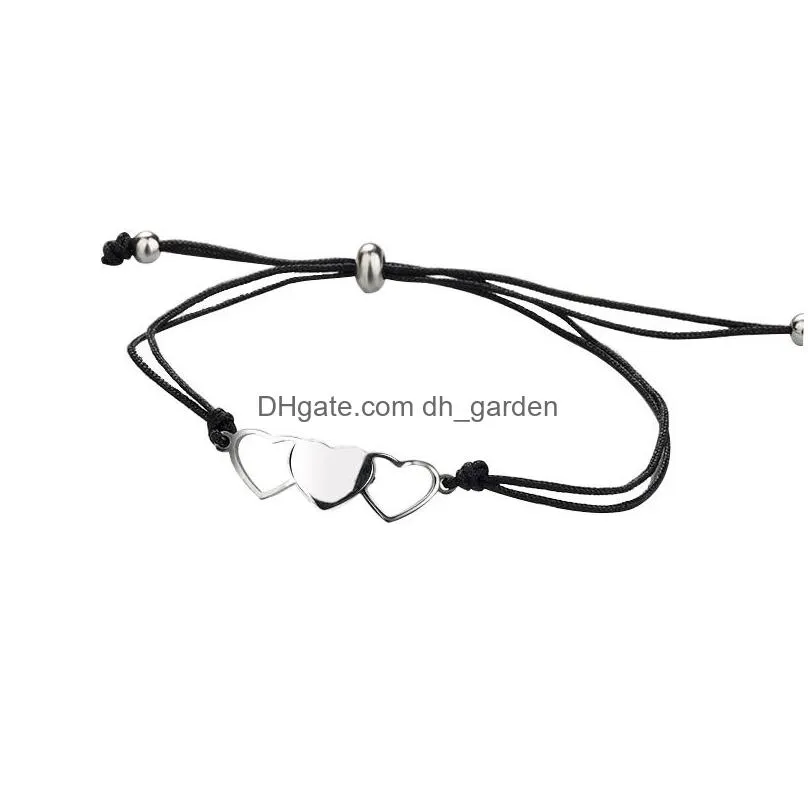 handmade double heart charm bracelets braided friendship rope bracelet stainless steel jewelry