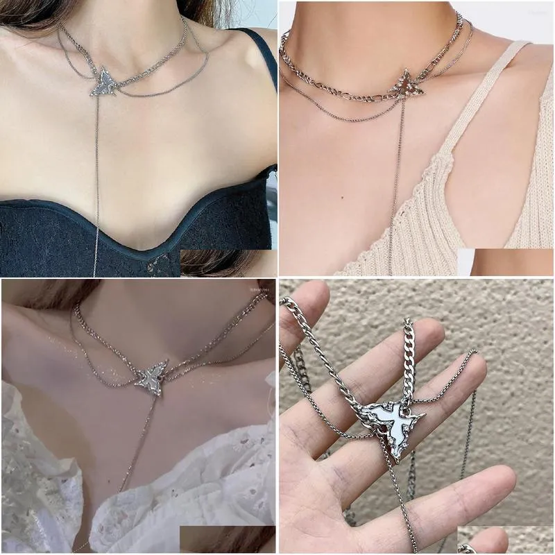 pendant necklaces unique design double layered butterfly necklace womens tassel hip hop personality collarbone choker jewelry
