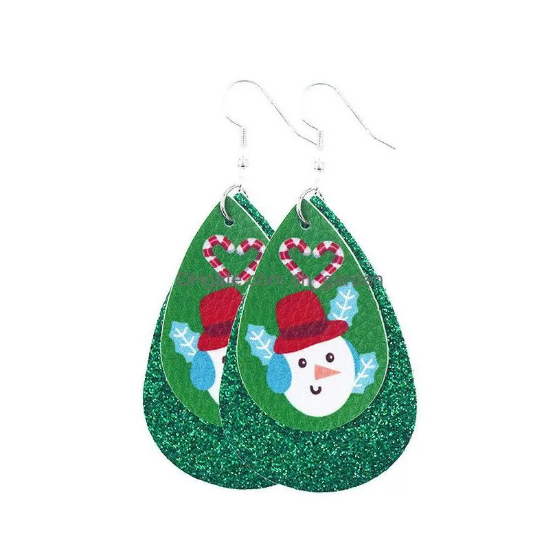 double layer christmas glitter leather earrings faux leather dangle drops earrings for women christmas tree bell deer dangle earring for