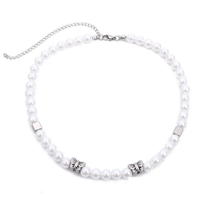 fashion stainless steel pearl necklace cool elegant mosaic butterfly clavicle chain punk round chokers