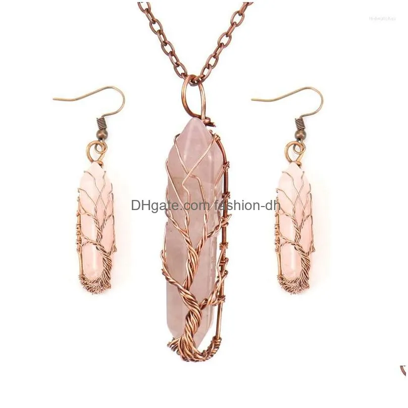 pendant necklaces wholesale 3sets handwound copper wire natural tiger eyes crystal hexagonal tree of life reiki women necklace and