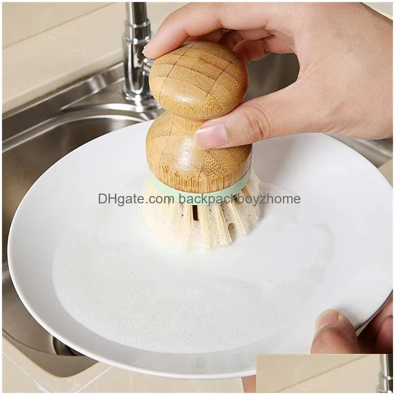 bamboo wood round mini palm scrub brush stiff bristles wet cleaning wash dishes pots pans vegetables brushes