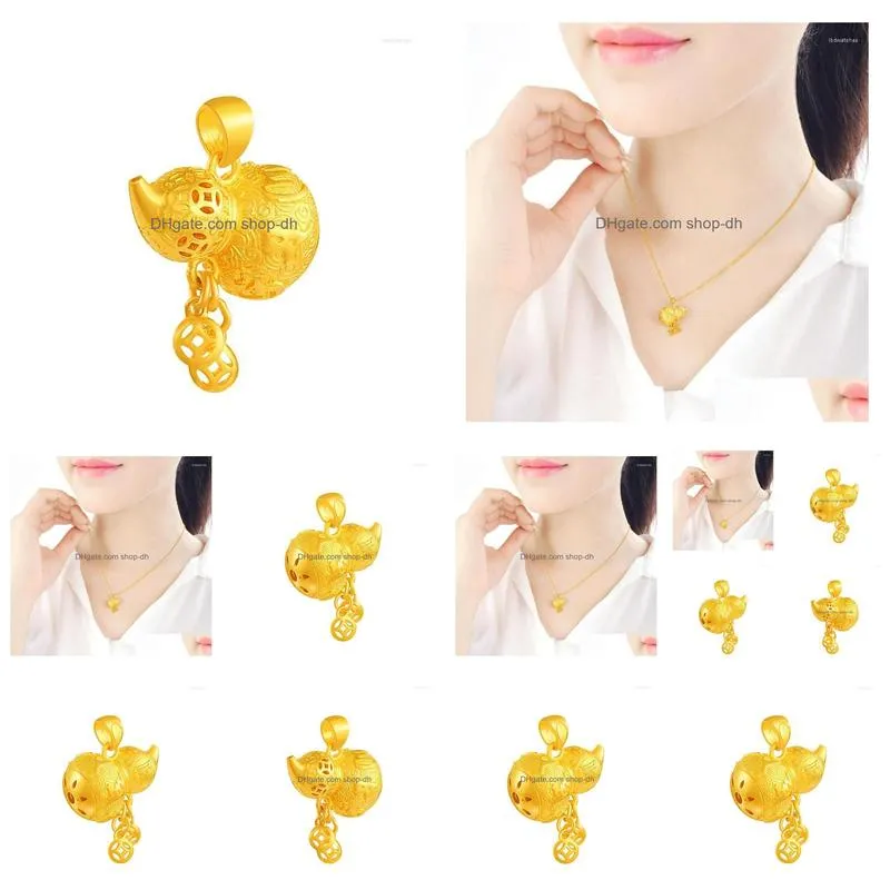 pendant necklaces pure 24k yellow gold womens hollow coin gourd 3.85g