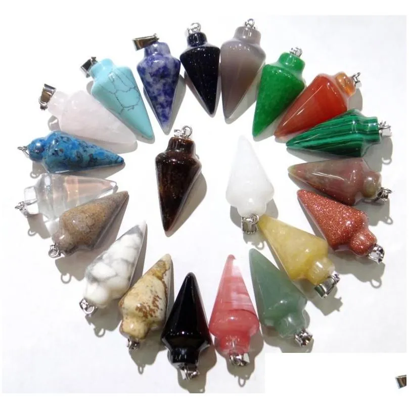 pendant necklaces 12pcs mix natural stone reiki pendulum amulet circular cone charms for diy making jewelry accessories wholesale 30