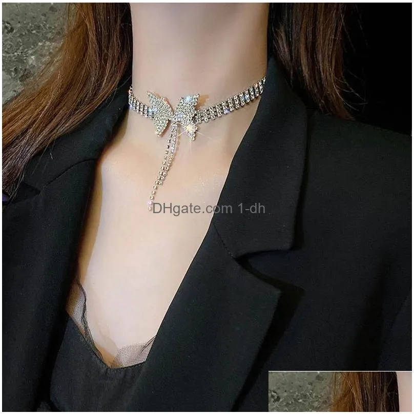 blijery korean butterfly crystal choker necklaces for women long tassel rhinestone weddings jewelry party gifts chokers