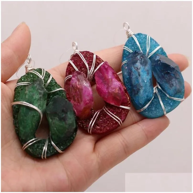 pendant necklaces 1pcs natural druzy stone egg shape mix colors rose red blue green crystal for necklace jewelry making gift size