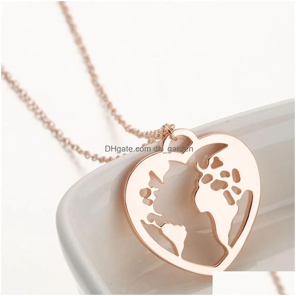 new heart world map necklace stainless steel jewelry for women men gold chains necklaces silver rose gold globe travel jewelry gift