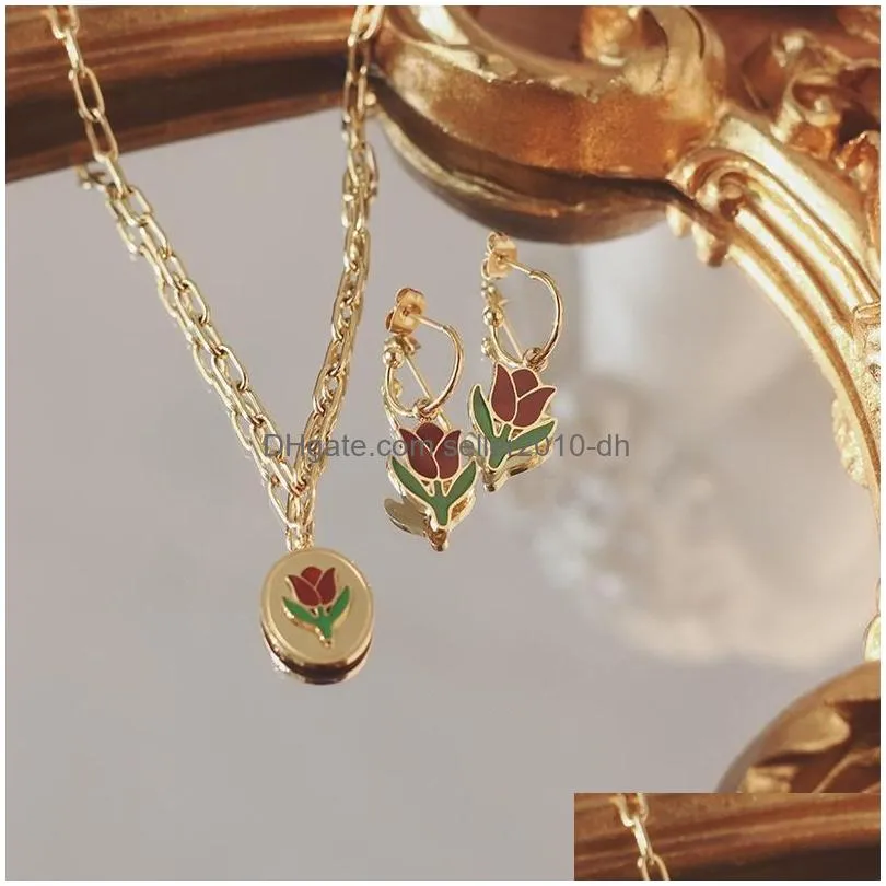 pendant necklaces vintage tulip chain titanium steel 18k gold necklace flower earring jewelry for women girl party giftpendant