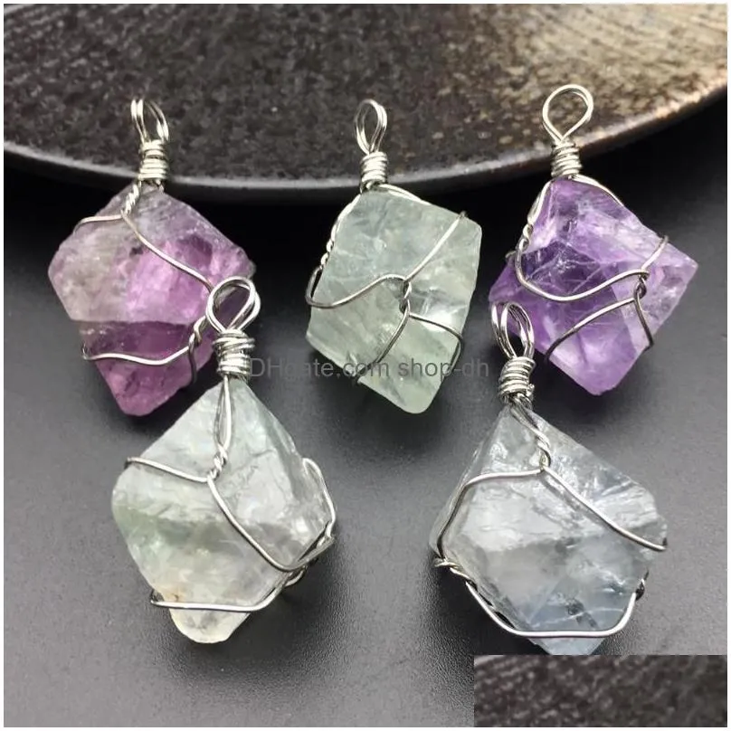 pendant necklaces wholesale 12pcs/lot natural irregular chakra crystals purple blue green fluorite cut face for women wire wrapped healing