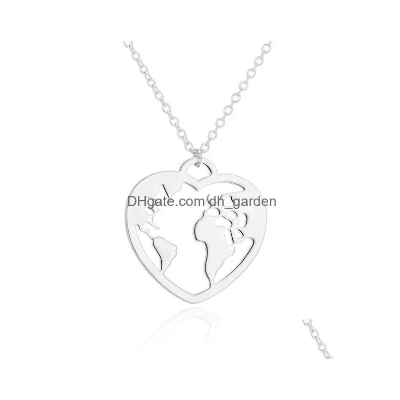 new heart world map necklace stainless steel jewelry for women men gold chains necklaces silver rose gold globe travel jewelry gift