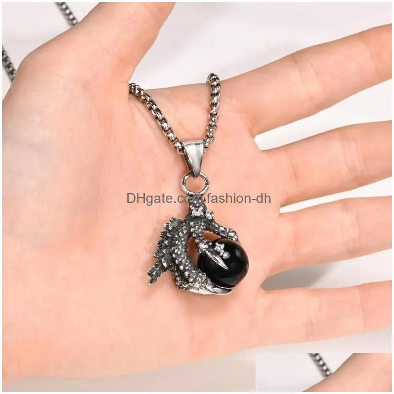 pendant necklaces mens rock punk dragon claw with crystal ball charm waterproof stainless steel amulet collar gifts jewelry