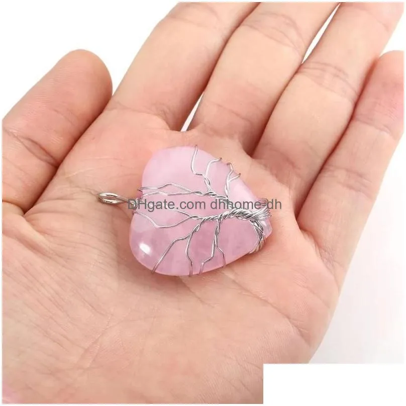 pendant necklaces reiki natural crystal heart shape necklace quartz gem jewelry wrap wire semiprecious stones dangle for women men