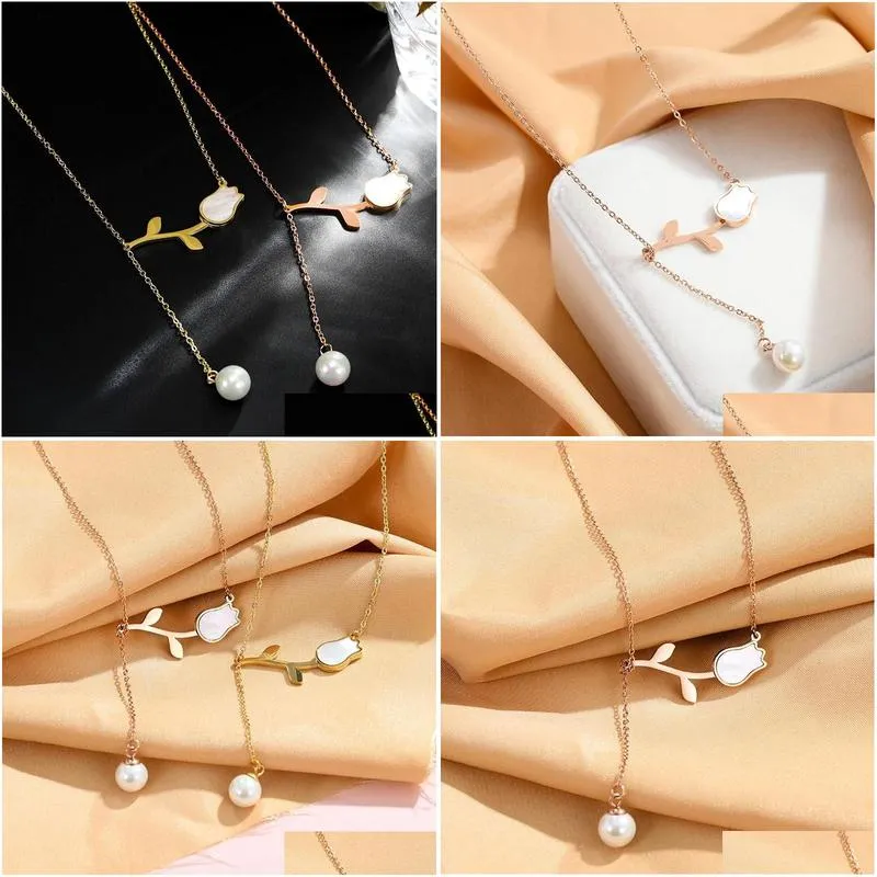 pendant necklaces rose tulip flower stainless steel necklace womens nonfading allmatching fashionable gold chain couple