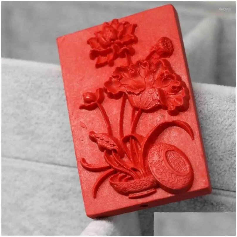 pendant necklaces carving lotus flower vintage synthetic red cinnabar rectangle fit for necklace jewelry making 36 56mmb1540