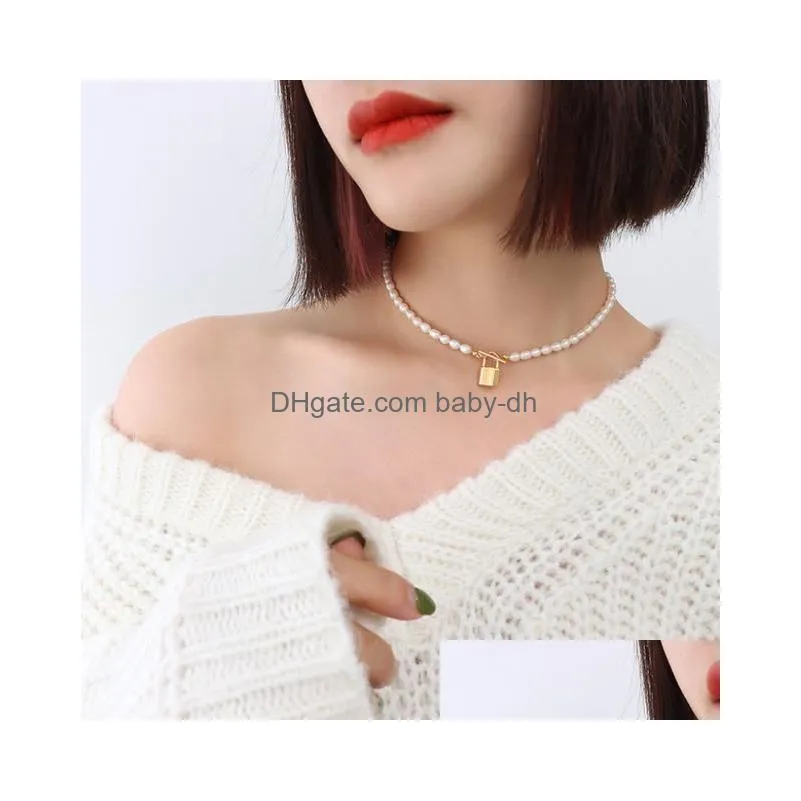 pendant necklaces women  water pearl hitch necklace lock stainless steel 18k gold designer jewelry luxury quality ins korean