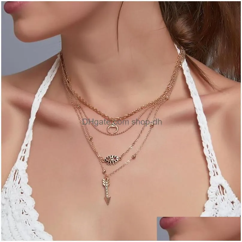 pendant necklaces gold silver color crescent moon eye arrow necklace women vintage multilayer tassel collar jewelry giftpendant