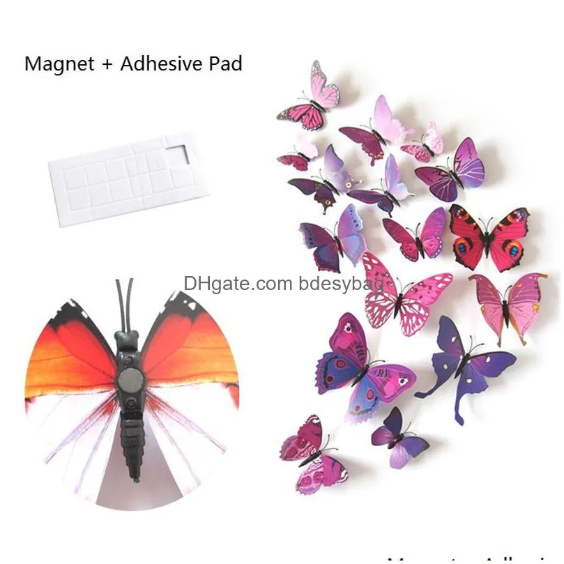 12pcs/set 3d butterfly wall sticker pvc self adhesive fridge magnet art decal kid room home decor