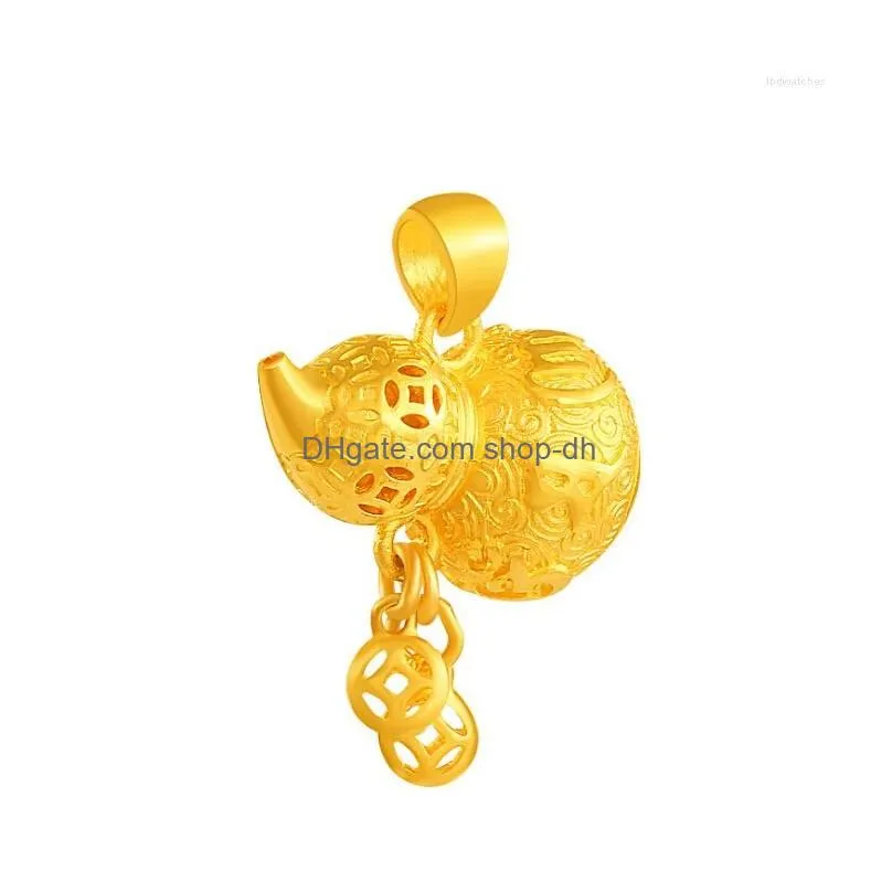 pendant necklaces pure 24k yellow gold womens hollow coin gourd 3.85g
