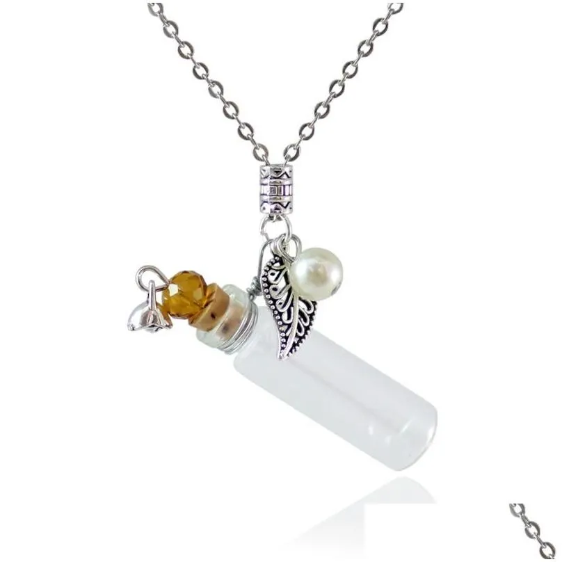 pendant necklaces 2pcs clear glass perfume bottle with leaf charm test wishing necklace friends gift