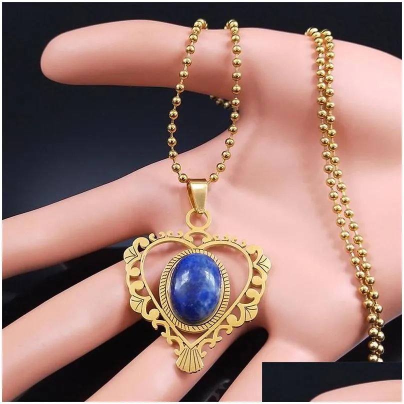 pendant necklaces bohemia blue natural stone stainless steel necklace chain women gold color heart jewelry collar n3604s04pendant