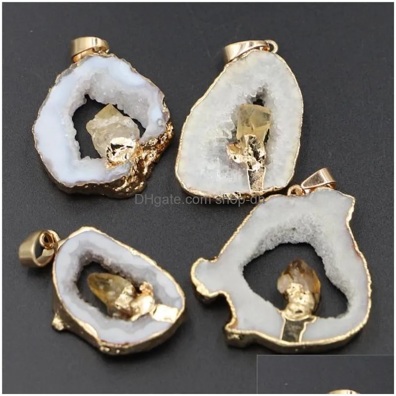 pendant necklaces irregularly shaped stone geodess agates sliced inlaid with natural citrines dots elegant quartz jewelry
