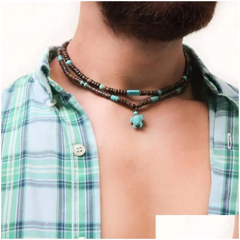 pendant necklaces surfer mens choker necklace coconut shell and turquoise boho for men chunky african tribal wooden elle22