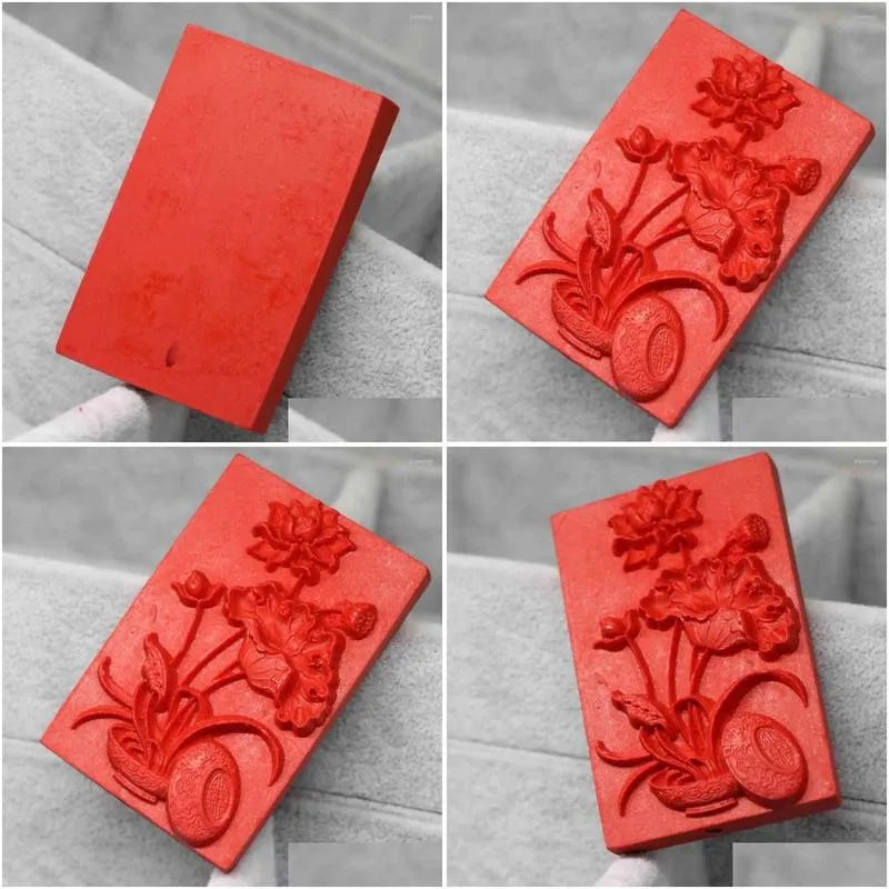 pendant necklaces carving lotus flower vintage synthetic red cinnabar rectangle fit for necklace jewelry making 36 56mmb1540